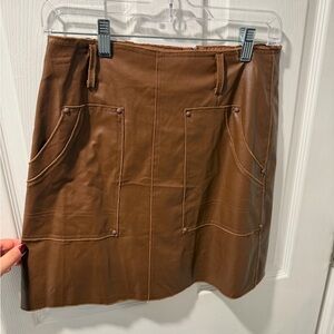 Brown Faux-Leather A-Line Skirt with Front Pockets